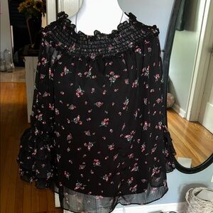 CeCe Black Floral Blouse with Ruffle Sleeves